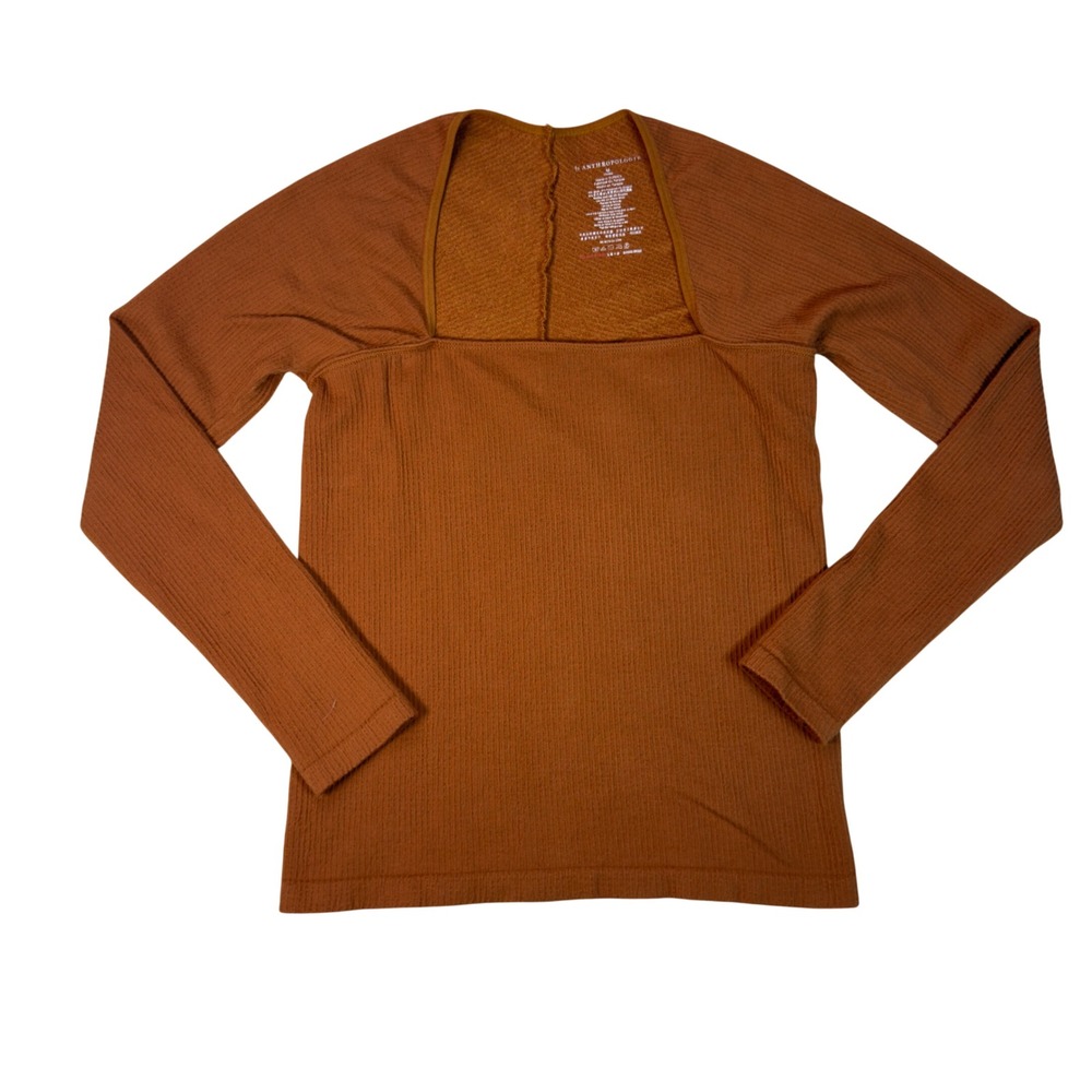 Anthropologie Ribbed Square Neck Top Women Medium Rust Brown Long Sleeve Boho